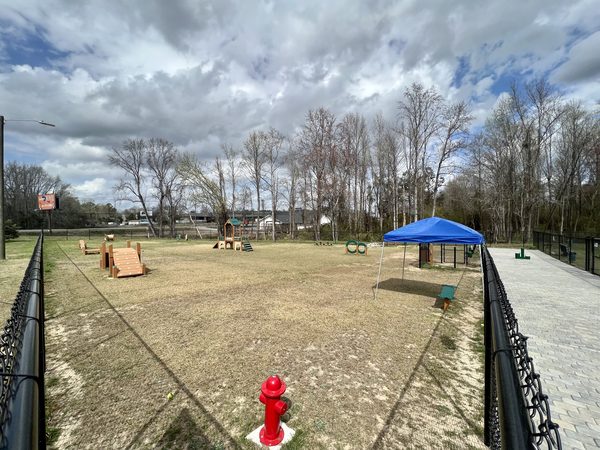 A fenced play area at the Mason Family Bark Park with agility equipment, a shade canopy and a red fire hydrant