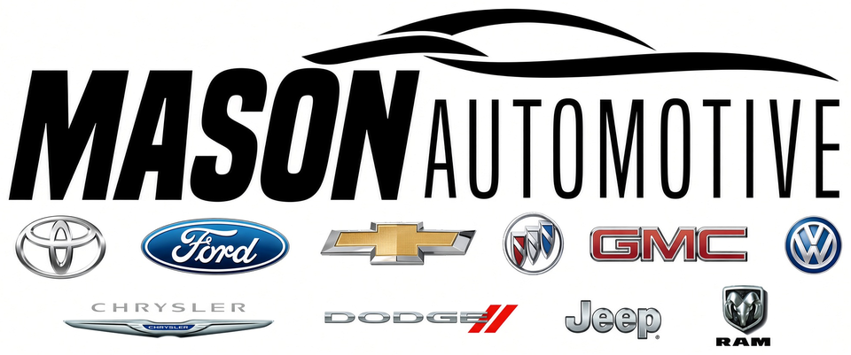 Mason Automotive logo with the Toyota, Ford, Chevrolet, Buick, GMC, Volkswagen, Chrysler, Dodge, Jeep and Ram brand badges