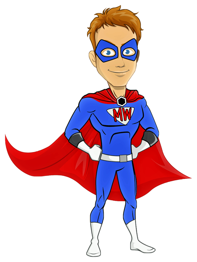 Cartoon illustration of Mighty Max, the Mighty Wash superhero mascot, in a blue suit, blue mask and red cape with an MW emblem on his chest