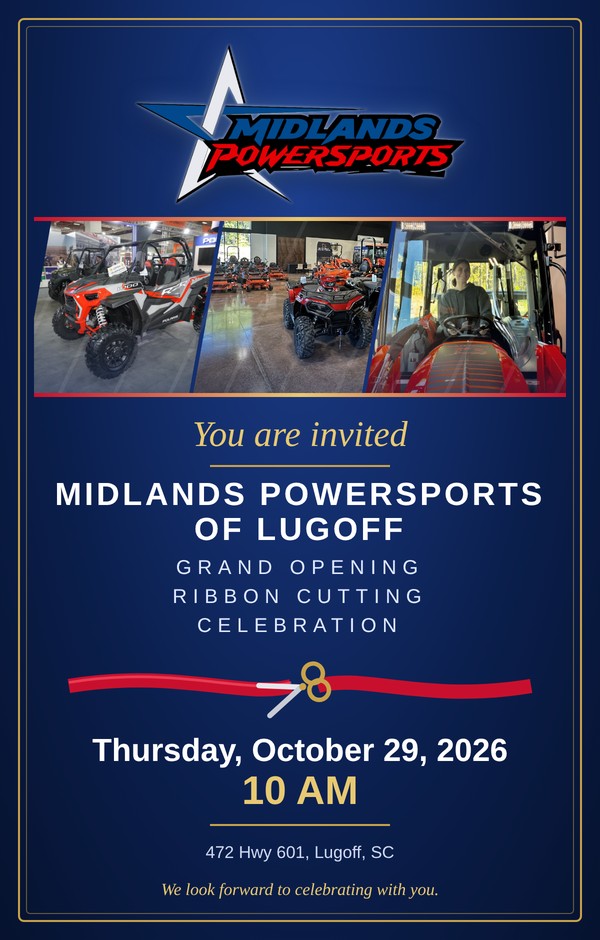 Grand Opening invitation for Midlands Powersports of Lugoff: ribbon cutting and celebration, Thursday, October 29, 2026, at 10 AM, 472 Hwy 601, Lugoff, SC, with photos of a Polaris RZR, ATVs and Bad Boy mowers